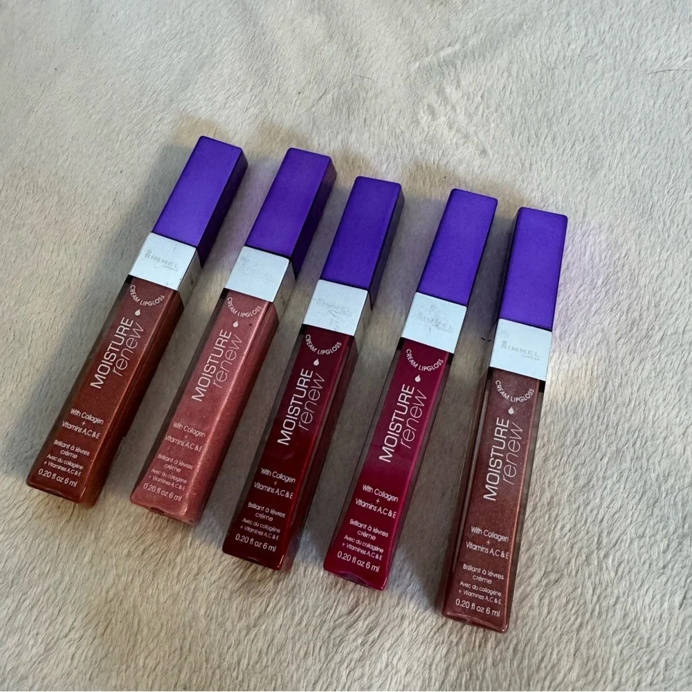 NWT RIMMEL moisture renew lip gloss set 5pc collagen coral pink red purple mauve